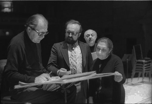 Conductor Walter Hendl, composer Krystof Penderecki, and soloist Felicja Blumental conferring over the score in the Eastman Theater. Ms. Blumental’s husband Markus Mizne is seen in the background in several of these shots.