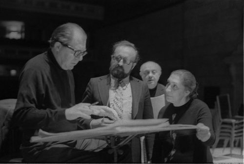 Conductor Walter Hendl, composer Krystof Penderecki, and soloist Felicja Blumental conferring over the score in the Eastman Theater. Ms. Blumental’s husband Markus Mizne is seen in the background in several of these shots.