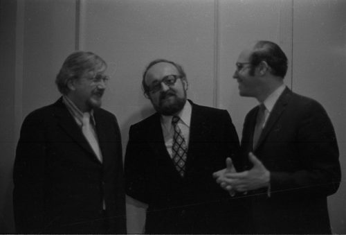At the post-concert reception, composer Penderecki engages in conversation with ESM Professors Warren Benson (left) and Samuel Adler (right).