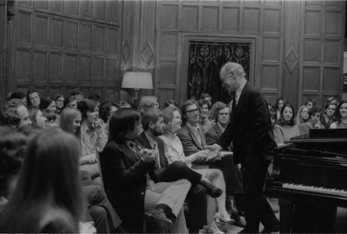 Guest artist Rudolf Serkin in master class with Eastman School students on the stage of Kilbourn Hall.