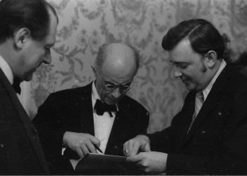 Guest artist Rudolf Serkin obliges Eastman School Assistant Director Daniel Patrylak with an autograph