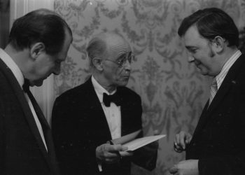 Guest artist Rudolf Serkin obliges Eastman School Assistant Director Daniel Patrylak with an autograph