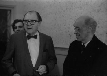 Rudolf Serkin in conversation with Eastman School Director Walter Hendl at the post-concert reception hosted by Director and Mrs. Hendl at Hutchison House.