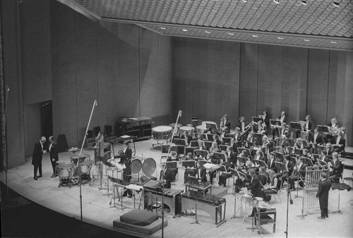 R1596-8 Donald Hunsberger acknowledges guest conductor Karel Husa on-stage in the Eastman Theater.