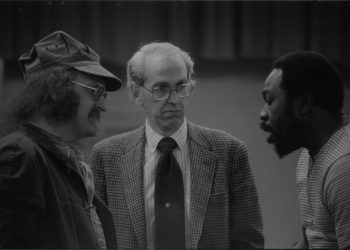Thad Jones in conversation with Ray Wright and an unidentified member of the Eastman Jazz Ensemble
