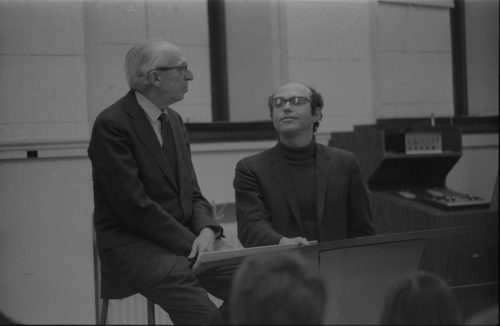 Aaron Copland visits with fellow composer Sam Adler, May 1st, 1974.