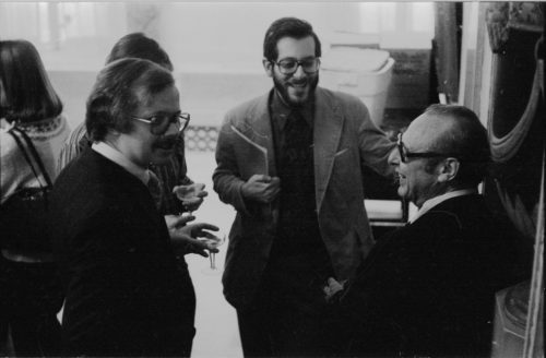Musicology faculty members Jerald Graue and Ralph Locke in conversation with Mr. Schonberg after his lecture.