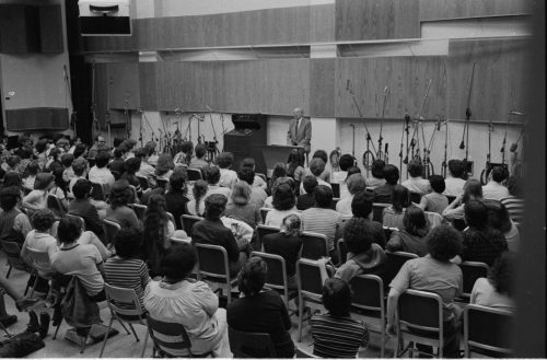 On another return visit to the Eastman School, Aaron Copland speaks to Eastman students on April 25th, 1979.