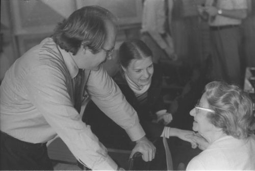 L-R, John Perry, an unidentified student, and Cécile Genhart.