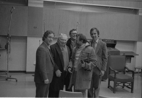 Violinist Isaac Stern enjoying conversation with Eastman School faculty members. From left to right: Charles Castleman, Isaac Stern, Zvi Zeitlin, RPO Music Director David Zinman, Donald Weilerstein