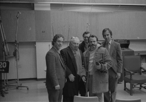 Violinist Isaac Stern enjoying conversation with Eastman School faculty members. From left to right: Charles Castleman, Isaac Stern, Zvi Zeitlin, RPO Music Director David Zinman, Donald Weilerstein