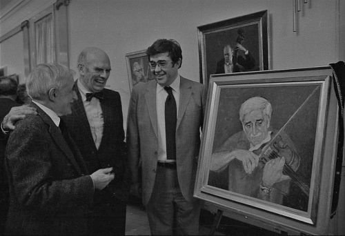 Professor John Celentano, artist John C. Menihan, and ESM Director Robert Freeman on Cominsky Promenade on October 13th, 1983