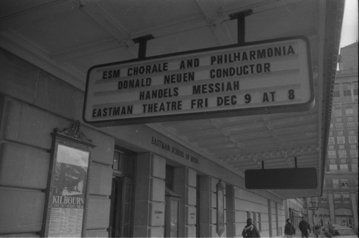 The marquee on Gibbs Street promoting the December, 1983 performance of Handel’s Messiah. Photo by Louis Ouzer, master negative no. R3249-31A.
