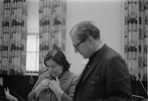 Director Walter Hendl sharing a private moment of conversation with composer Aram Khachaturian and his wife, Nina Makarova. It was reported during the Eastman School’s “Khachaturian Week” that Mr. Hendl conversed in German with the composer.
