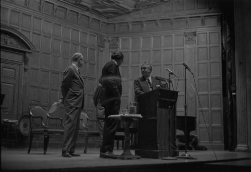 Four shots from the All-Convocation on March 5th, 1968 in Kilbourn Hall. Composer Khachaturian is seated together with Director Hendl, his wife, and his manager during the Composers’ Symposium; afterwards, on-stage in Kilbourn Hall are Director Hendl, Composer Khachaturian, Mr. Joseph Zarovich (the composer’s U.S. manager), and Dr. Wayne Barlow, moderator of the discussion portion of the event.