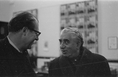 Director Walter Hendl sharing a private moment of conversation with composer Aram Khachaturian and his wife, Nina Makarova. It was reported during the Eastman School’s “Khachaturian Week” that Mr. Hendl conversed in German with the composer.