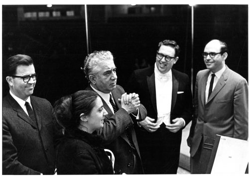 From left to right, Donald Hunsberger, Aram Khachaturian, Donald Shetler, and Samuel Adler on the evening of the Eastman School Symphony Band concert, March 6th, 1968. In front of Khachaturian’s right shoulder is his translator on this occasion.