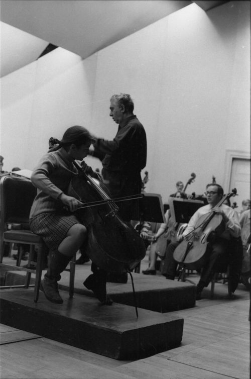 Solo violoncellist Karine Georgian in rehearsal with the Eastman Philharmonia; and acknowledging the audience’s reception at the concert on March 11th, 1968.