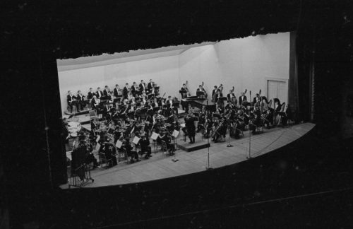 The Eastman Philharmonia and guest conductor Aram Khachaturian on-stage in the Eastman Theater on March 11th, 1968.