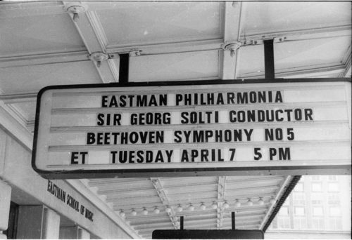 R3582-3 Marquee outside the Eastman School of Music, promoting Maestro Solti’s guest appearance with the Eastman Philharmonia.