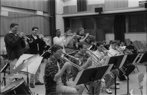 Members of the Eastman Jazz Ensemble rehearse under Fred Sturm’s direction in Room 120 (today the Ray Wright Room) on October 17th, 1996.