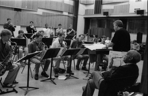 Members of the Eastman Jazz Ensemble rehearse under Fred Sturm’s direction in Room 120 (today the Ray Wright Room) on October 17th, 1996.