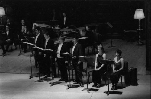 R4337-25 The Eastman Wind Ensemble concert on November 11th included a performance of the rarely heard Violin Concerto featuring faculty artist Charles Castleman as soloist. A vocal ensemble of six Eastman students was featured in the performance of Weill’s Mahagonny Songspiel with texts by Bertolt Brecht.