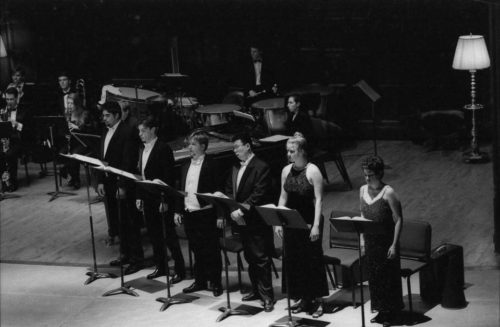 R4337-30 The Eastman Wind Ensemble concert on November 11th included a performance of the rarely heard Violin Concerto featuring faculty artist Charles Castleman as soloist. A vocal ensemble of six Eastman students was featured in the performance of Weill’s Mahagonny Songspiel with texts by Bertolt Brecht.