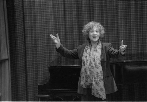 Internationally renowned operatic artist Teresa Stratas gestures during her visit with the Eastman School community in Howard Hanson Hall.