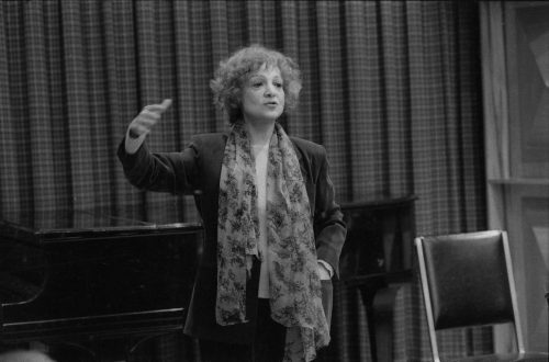 Internationally renowned operatic artist Teresa Stratas gestures during her visit with the Eastman School community in Howard Hanson Hall.