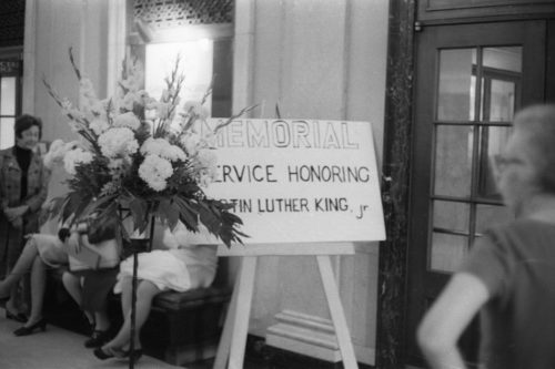 Poster in the Main Hall (today Lowry Hall) promoting the memorial service to be held on April 9th, 1969.