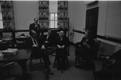 Walter Hendl visits with Igor and Vera Stravinsky in the Director’s studio. Behind them are Concert Manager Robert Sattler (standing) and Dr. Donald Hunsberger (seated), chairman of the Stravinsky Week Committee.