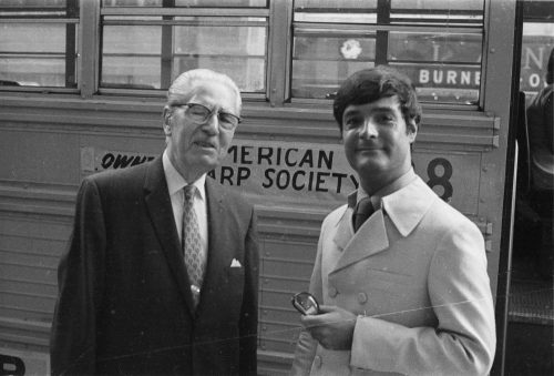 Renowned harpist-composer Marcel Grandjany with Eastman alumnus Robert Barlow during the conference, June, 1969.