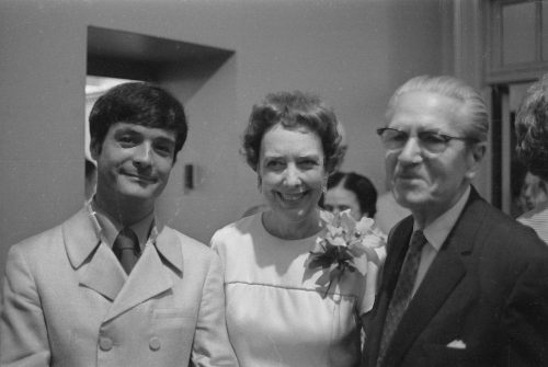Three generations of harpists at the AHS 6th national conference, June, 1969: Eastman alumnus Robert Barlow with his mentor, Eileen Malone and her own mentor, Marcel Grandjany.