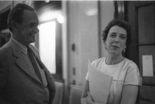 Composer Alec Wilder and harpist Eileen Malone in conversation in the Eastman School’s Main Hall (today Lowry Hall) during the AHS 6th national conference, June, 1969.