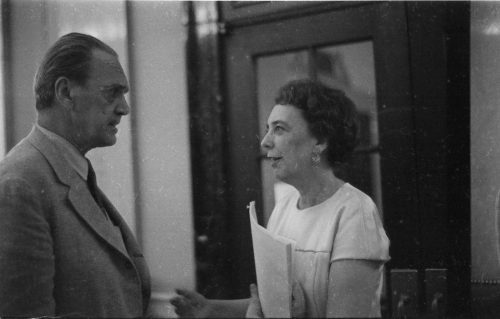 Composer Alec Wilder and harpist Eileen Malone in conversation in the Eastman School’s Main Hall (today Lowry Hall) during the AHS 6th national conference, June, 1969.