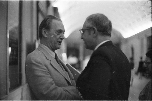 Composers Alec Wilder and Wayne Barlow in conversation in the Eastman School’s Main Hall (today Lowry Hall) during the AHS 6th national conference, June, 1969