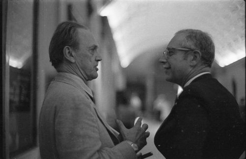 Composers Alec Wilder and Wayne Barlow in conversation in the Eastman School’s Main Hall (today Lowry Hall) during the AHS 6th national conference, June, 1969