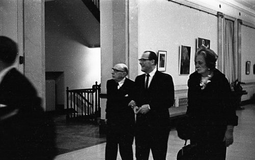 On the evening of the Eastman Philharmonia concert, Concert Manager Mr. Robert Sattler escorts composer Igor Stravinsky and his wife Vera.