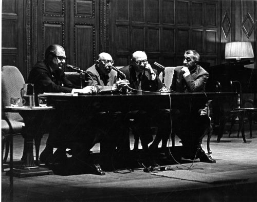 Panel discussion in Kilbourn Hall. The four panelists are Walter Hendl, composer Igor Stravinsky, Professor Bernard Rogers, and Professor John Celentano. The discussion was moderated by Mr. Robert Craft, professional assistant to composer Stravinsky.