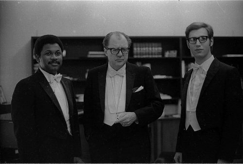 Conductor Walter Hendl is flanked by soloists Joseph Bias (baritone) and Paul Hoffman (pianist)