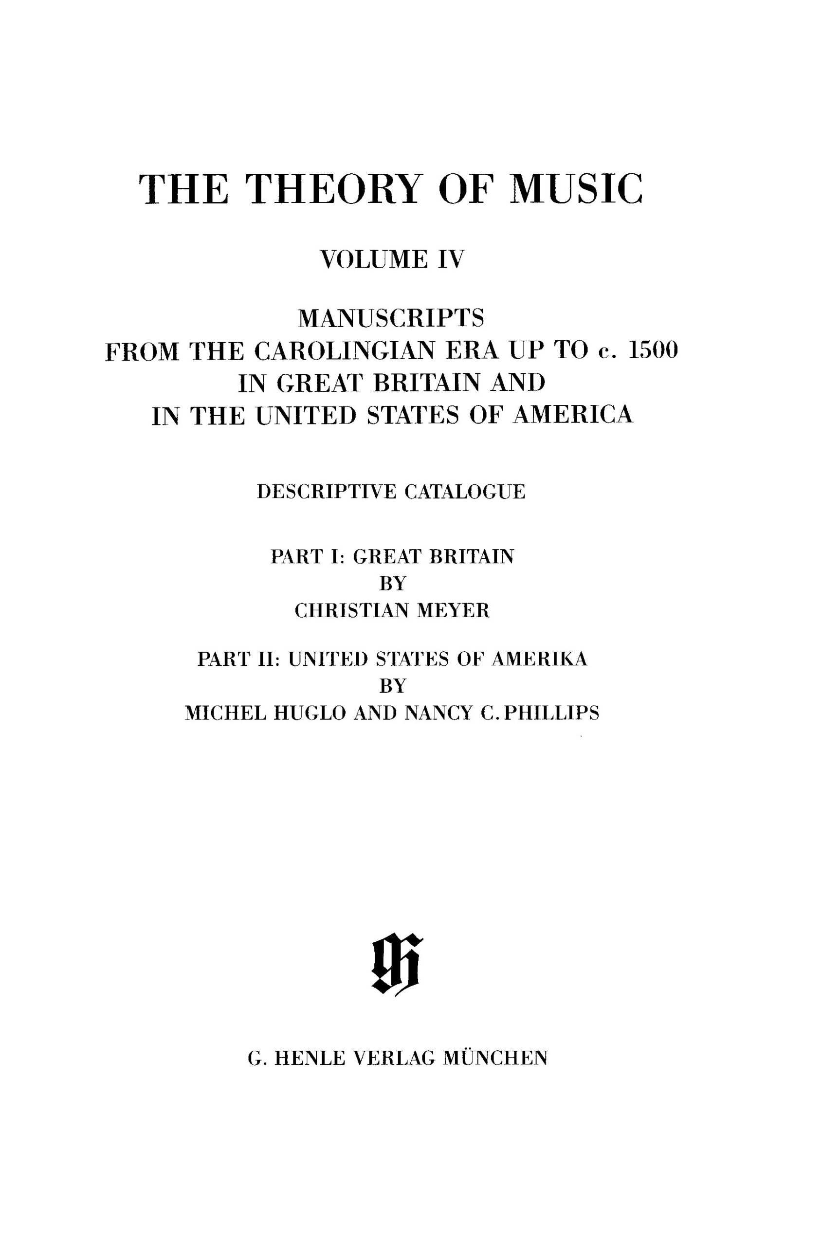 RISM IV, Theory of Music manuscripts, title page RISM IV, Theory of Music manuscripts, title page