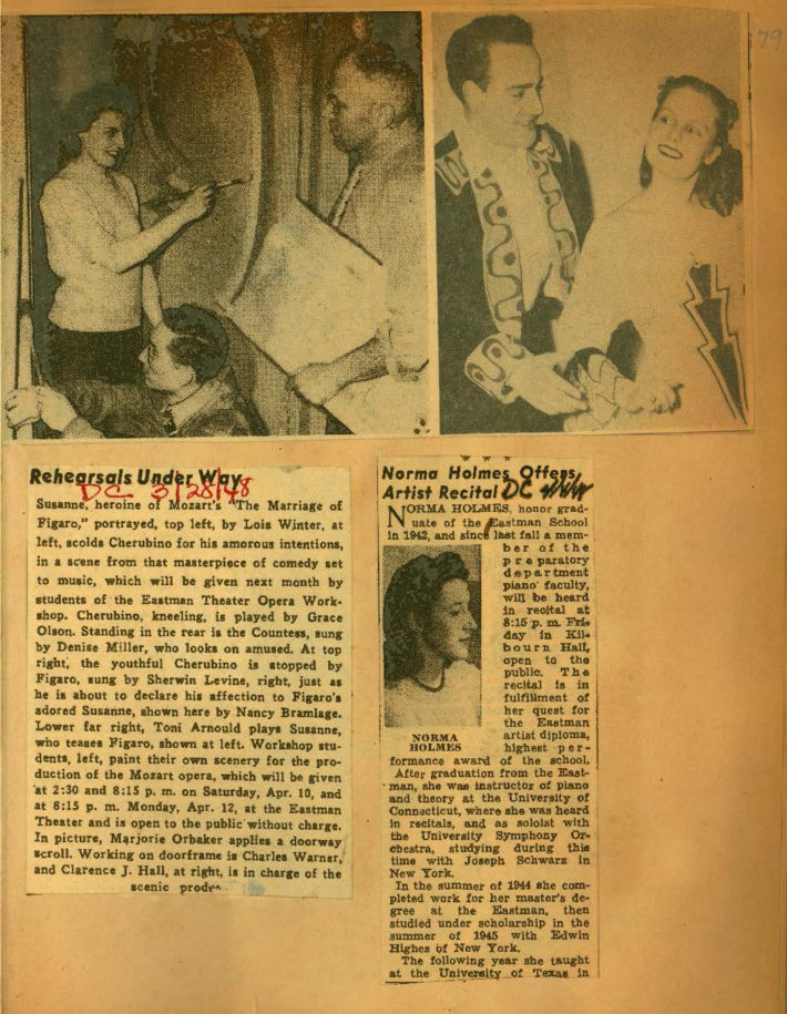 RS 1947-48 page 79 Figaro item These brief items in the Rochester press gave publicity to the Eastman production of Figaro. Together with the Eastman School’s 1948 yearbook, the press items represent the only extant photographs from this production.