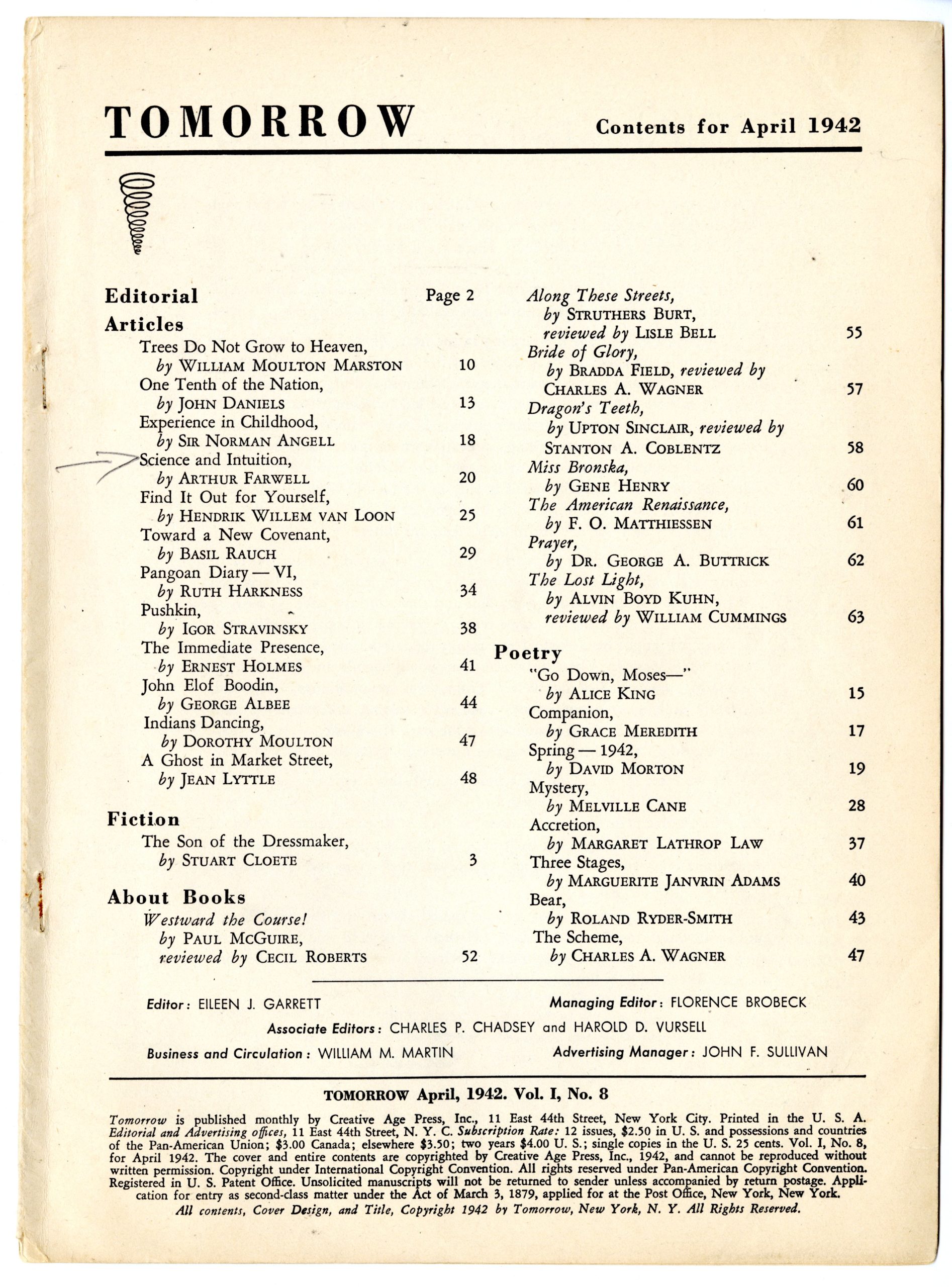 Tomorrow magazine, April 1942 issue table of contents.