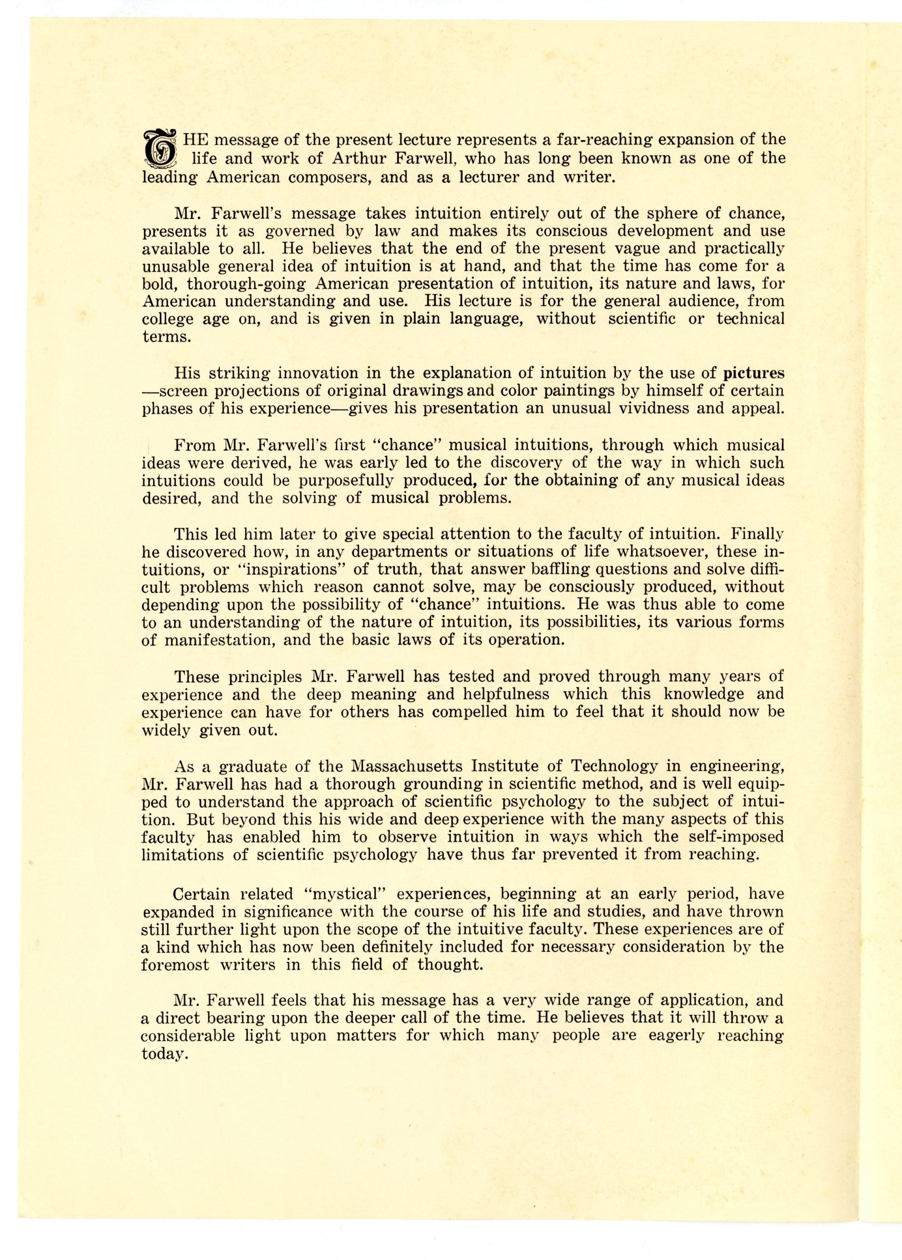 Abstract of The Science of Intuition lecture, from page 2 of program. Abstract of The Science of Intuition lecture, from page 2 of program.