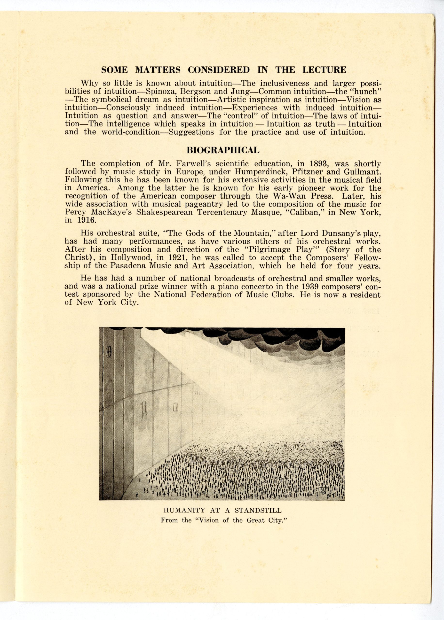 Summary of topics and biography of Farwell, from page 3 of program. Summary of topics and biography of Farwell, from page 3 of program.
