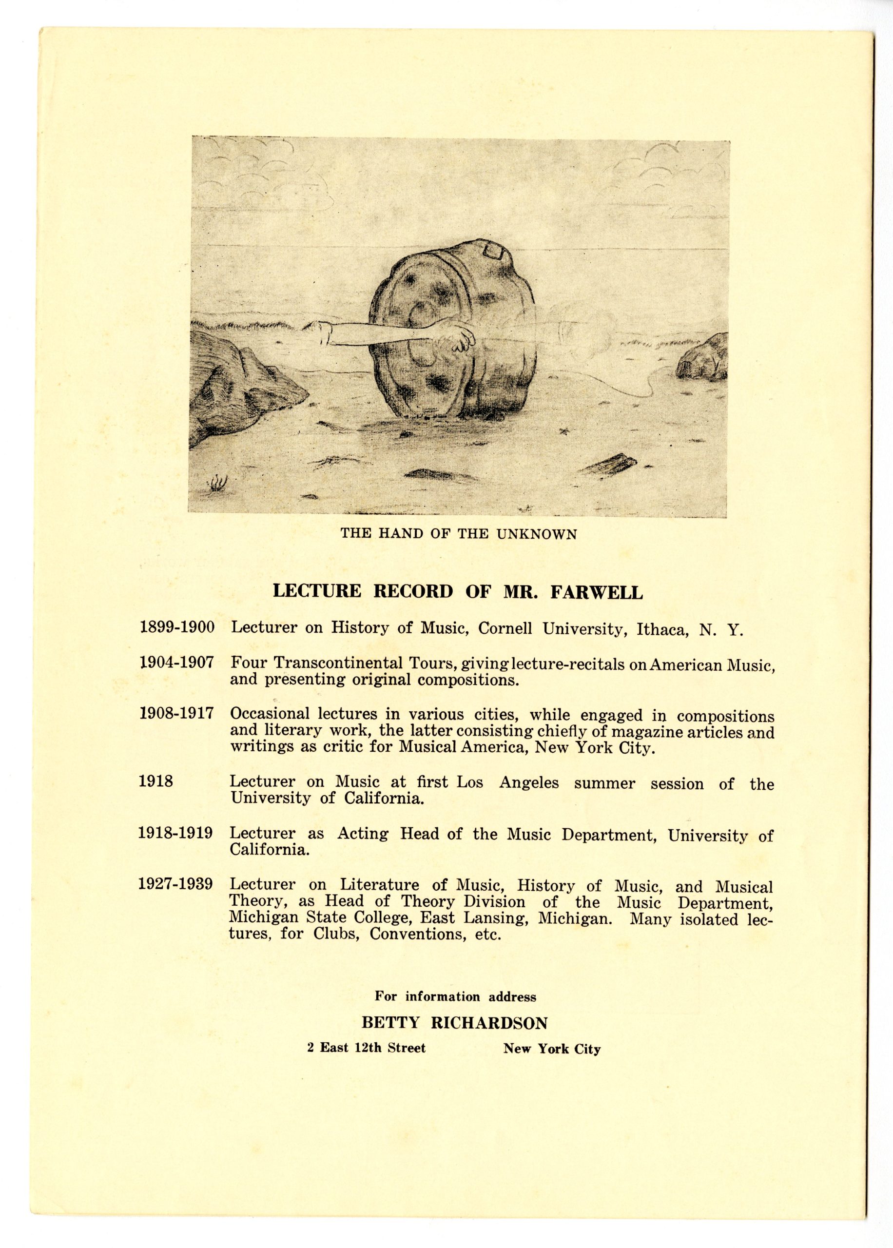 Summary of Farwell’s lecture experience, from page 4 of program. Summary of Farwell’s lecture experience, from page 4 of program.