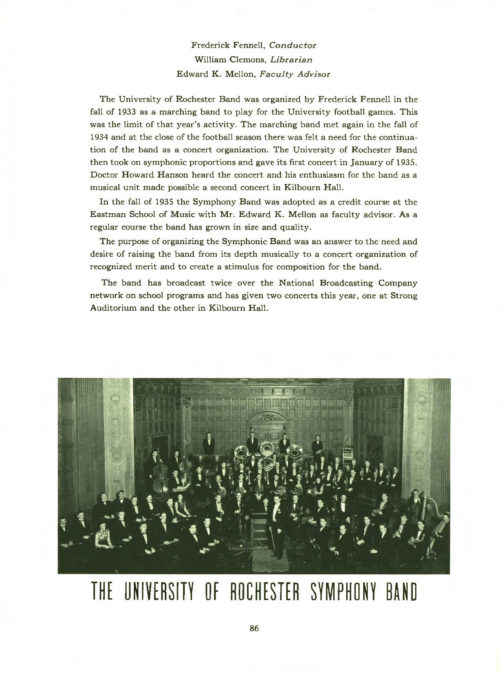 The UR Symphony Band was acknowledged in the Eastman School’s yearbook for the first time with this page in The Score 1936.