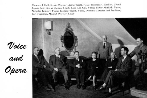 The Eastman School’s faculty members for voice and opera as they appeared in the 1950 yearbook. Two successive dramatic directors of opera, Nicholas Konraty (served 1929-47) and Leonard Treash (served 1947-76) are seen in this photo. The Score 1950. Eastman School of Music Archives.