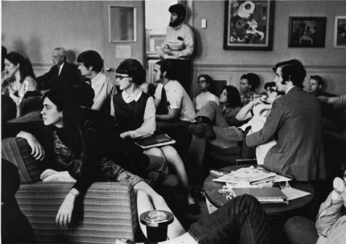 Eastman School students gathered in an organizational meeting following Kent State, May, 1970. Photographs published in The Score 1970.